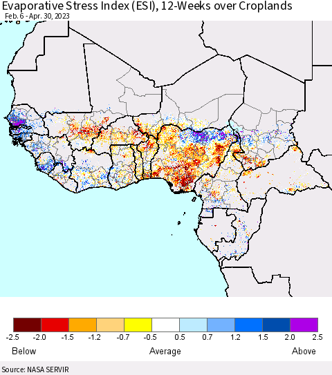Western Africa Evaporative Stress Index (ESI), 12-Weeks over Croplands Thematic Map For 4/24/2023 - 4/30/2023