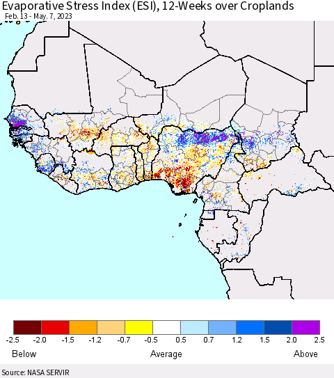 Western Africa Evaporative Stress Index (ESI), 12-Weeks over Croplands Thematic Map For 5/1/2023 - 5/7/2023