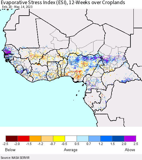 Western Africa Evaporative Stress Index (ESI), 12-Weeks over Croplands Thematic Map For 5/8/2023 - 5/14/2023