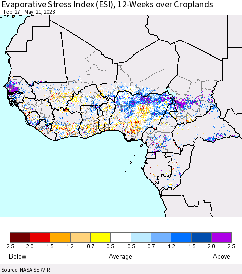 Western Africa Evaporative Stress Index (ESI), 12-Weeks over Croplands Thematic Map For 5/15/2023 - 5/21/2023