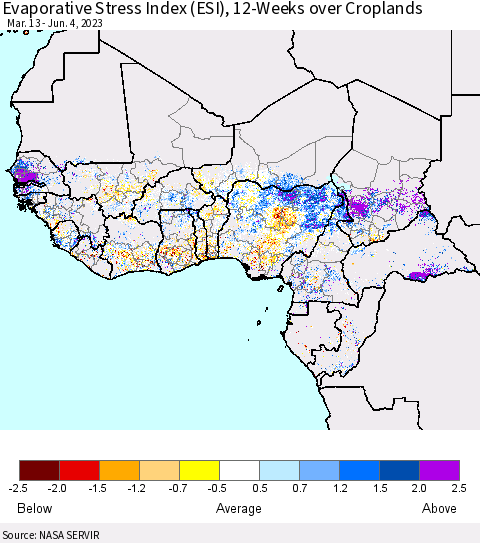 Western Africa Evaporative Stress Index (ESI), 12-Weeks over Croplands Thematic Map For 5/29/2023 - 6/4/2023