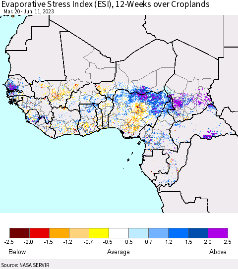 Western Africa Evaporative Stress Index (ESI), 12-Weeks over Croplands Thematic Map For 6/5/2023 - 6/11/2023