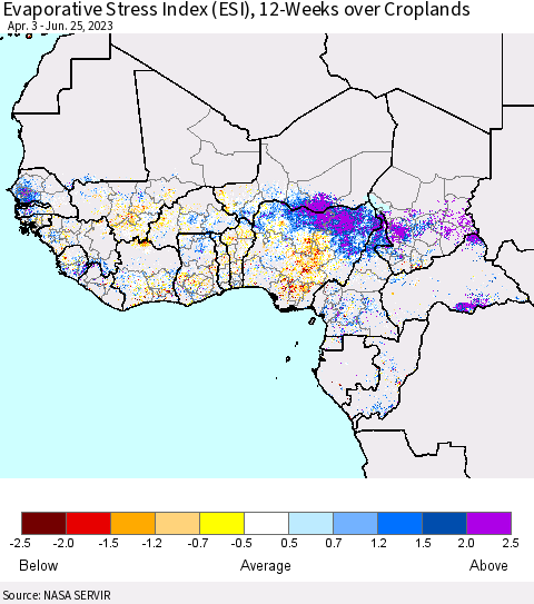 Western Africa Evaporative Stress Index (ESI), 12-Weeks over Croplands Thematic Map For 6/19/2023 - 6/25/2023