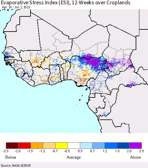 Western Africa Evaporative Stress Index (ESI), 12-Weeks over Croplands Thematic Map For 6/26/2023 - 7/2/2023