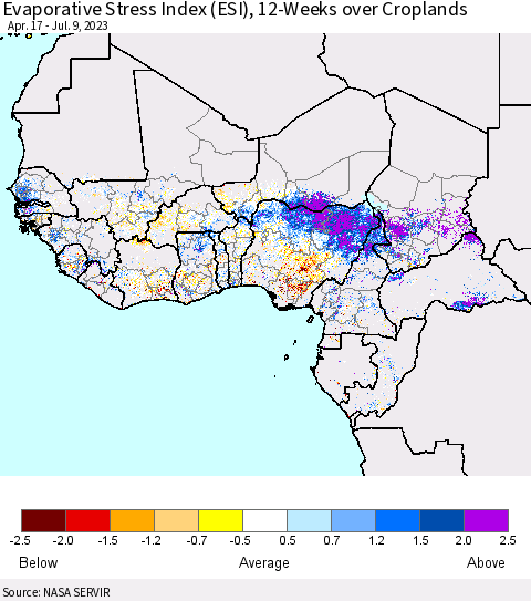 Western Africa Evaporative Stress Index (ESI), 12-Weeks over Croplands Thematic Map For 7/3/2023 - 7/9/2023