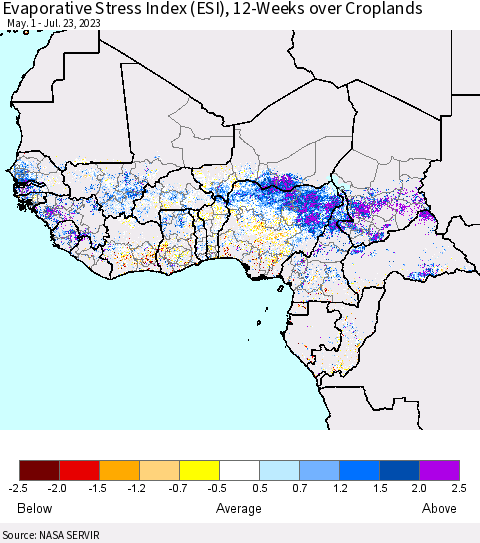 Western Africa Evaporative Stress Index (ESI), 12-Weeks over Croplands Thematic Map For 7/17/2023 - 7/23/2023