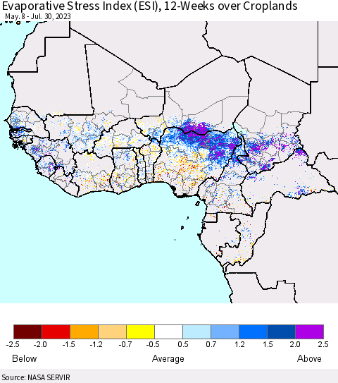 Western Africa Evaporative Stress Index (ESI), 12-Weeks over Croplands Thematic Map For 7/24/2023 - 7/30/2023
