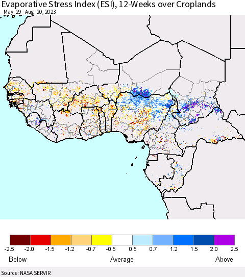 Western Africa Evaporative Stress Index (ESI), 12-Weeks over Croplands Thematic Map For 8/14/2023 - 8/20/2023