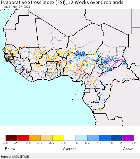 Western Africa Evaporative Stress Index (ESI), 12-Weeks over Croplands Thematic Map For 8/21/2023 - 8/27/2023
