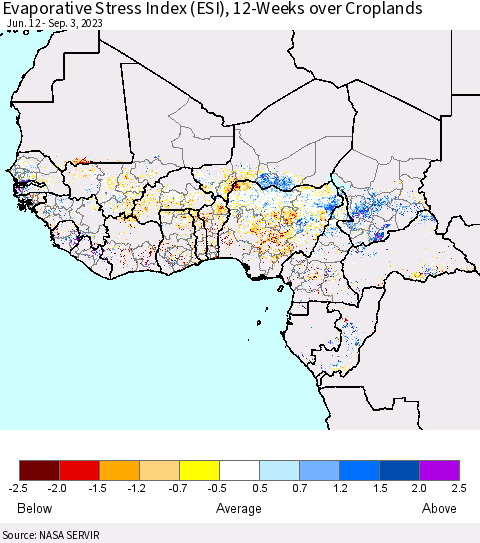Western Africa Evaporative Stress Index (ESI), 12-Weeks over Croplands Thematic Map For 8/28/2023 - 9/3/2023