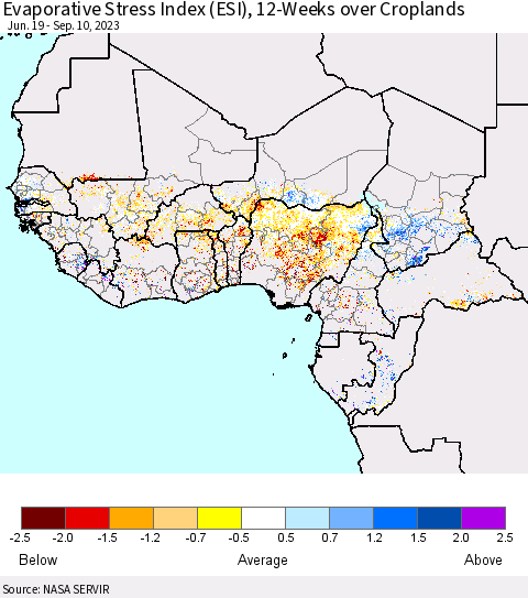 Western Africa Evaporative Stress Index (ESI), 12-Weeks over Croplands Thematic Map For 9/4/2023 - 9/10/2023