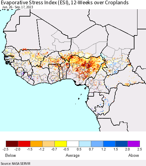 Western Africa Evaporative Stress Index (ESI), 12-Weeks over Croplands Thematic Map For 9/11/2023 - 9/17/2023