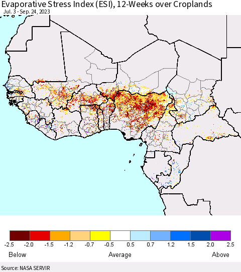 Western Africa Evaporative Stress Index (ESI), 12-Weeks over Croplands Thematic Map For 9/18/2023 - 9/24/2023