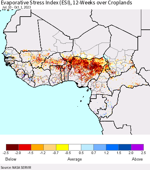 Western Africa Evaporative Stress Index (ESI), 12-Weeks over Croplands Thematic Map For 9/25/2023 - 10/1/2023