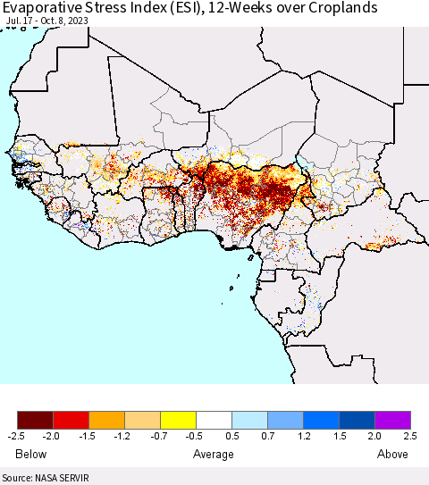 Western Africa Evaporative Stress Index (ESI), 12-Weeks over Croplands Thematic Map For 10/2/2023 - 10/8/2023