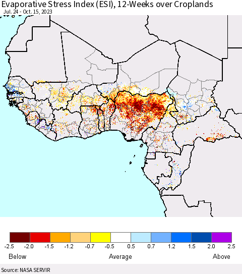 Western Africa Evaporative Stress Index (ESI), 12-Weeks over Croplands Thematic Map For 10/9/2023 - 10/15/2023