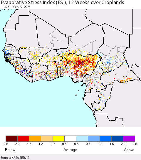 Western Africa Evaporative Stress Index (ESI), 12-Weeks over Croplands Thematic Map For 10/16/2023 - 10/22/2023