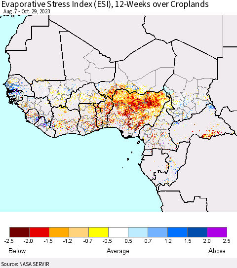 Western Africa Evaporative Stress Index (ESI), 12-Weeks over Croplands Thematic Map For 10/23/2023 - 10/29/2023