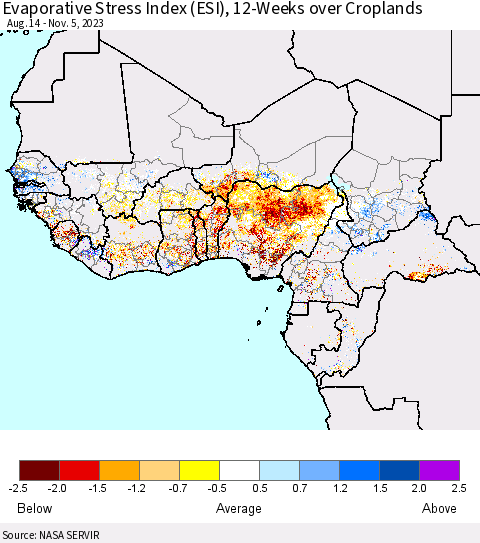 Western Africa Evaporative Stress Index (ESI), 12-Weeks over Croplands Thematic Map For 10/30/2023 - 11/5/2023