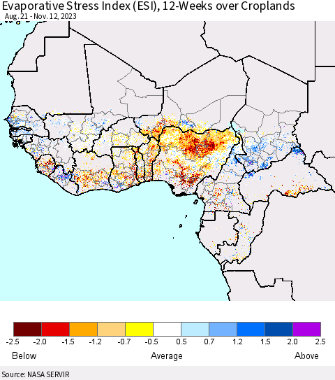 Western Africa Evaporative Stress Index (ESI), 12-Weeks over Croplands Thematic Map For 11/6/2023 - 11/12/2023