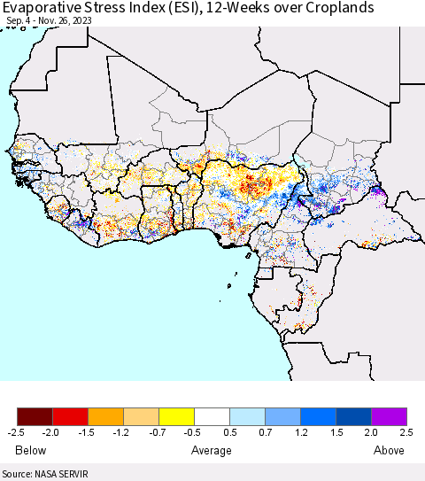 Western Africa Evaporative Stress Index (ESI), 12-Weeks over Croplands Thematic Map For 11/20/2023 - 11/26/2023