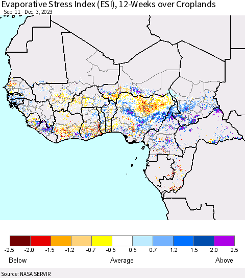 Western Africa Evaporative Stress Index (ESI), 12-Weeks over Croplands Thematic Map For 11/27/2023 - 12/3/2023