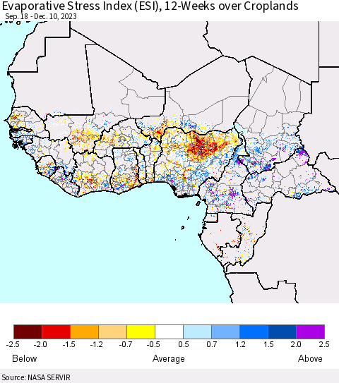 Western Africa Evaporative Stress Index (ESI), 12-Weeks over Croplands Thematic Map For 12/4/2023 - 12/10/2023