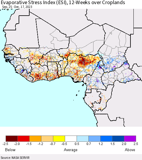 Western Africa Evaporative Stress Index (ESI), 12-Weeks over Croplands Thematic Map For 12/11/2023 - 12/17/2023