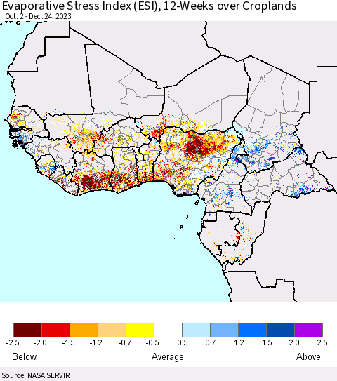 Western Africa Evaporative Stress Index (ESI), 12-Weeks over Croplands Thematic Map For 12/18/2023 - 12/24/2023