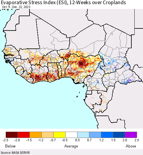 Western Africa Evaporative Stress Index (ESI), 12-Weeks over Croplands Thematic Map For 1/1/2024 - 1/7/2024