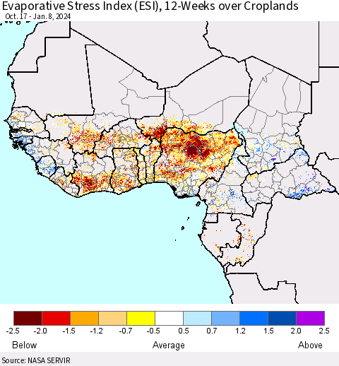 Western Africa Evaporative Stress Index (ESI), 12-Weeks over Croplands Thematic Map For 1/8/2024 - 1/14/2024