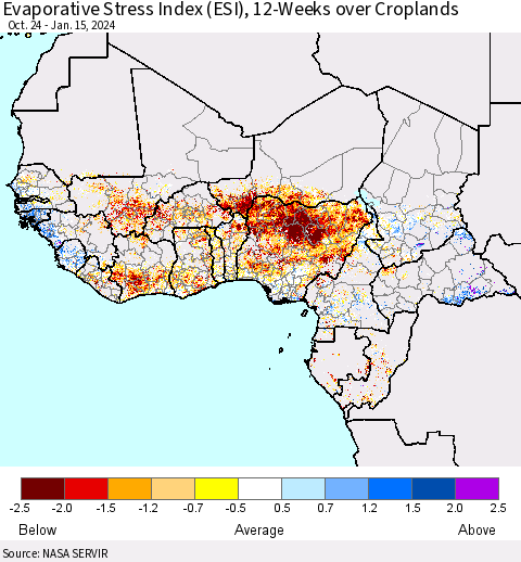 Western Africa Evaporative Stress Index (ESI), 12-Weeks over Croplands Thematic Map For 1/15/2024 - 1/21/2024