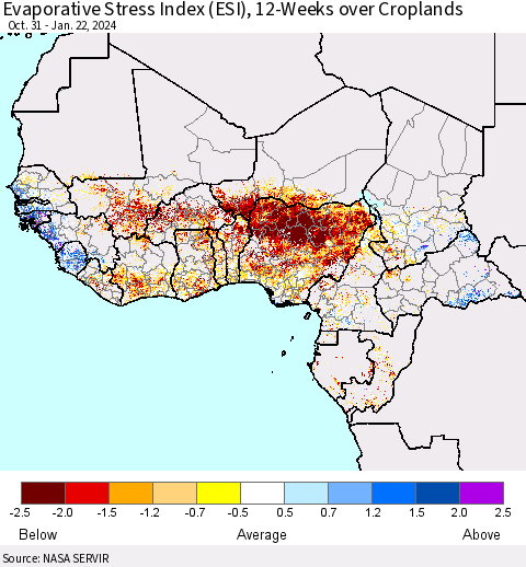 Western Africa Evaporative Stress Index (ESI), 12-Weeks over Croplands Thematic Map For 1/22/2024 - 1/28/2024