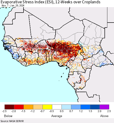 Western Africa Evaporative Stress Index (ESI), 12-Weeks over Croplands Thematic Map For 1/29/2024 - 2/4/2024