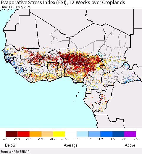 Western Africa Evaporative Stress Index (ESI), 12-Weeks over Croplands Thematic Map For 2/5/2024 - 2/11/2024