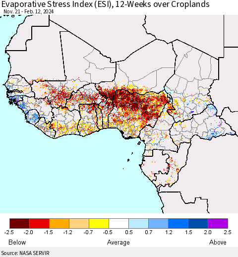 Western Africa Evaporative Stress Index (ESI), 12-Weeks over Croplands Thematic Map For 2/12/2024 - 2/18/2024
