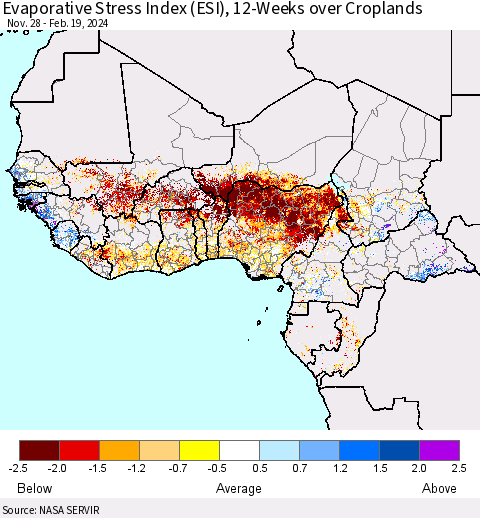 Western Africa Evaporative Stress Index (ESI), 12-Weeks over Croplands Thematic Map For 2/19/2024 - 2/25/2024