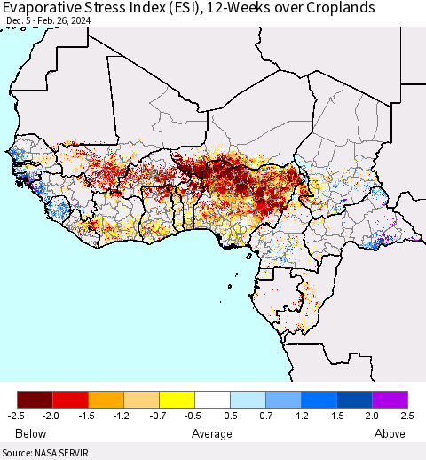Western Africa Evaporative Stress Index (ESI), 12-Weeks over Croplands Thematic Map For 2/26/2024 - 3/3/2024