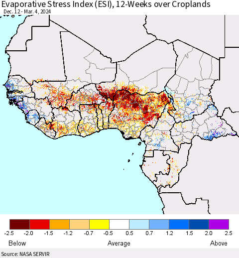 Western Africa Evaporative Stress Index (ESI), 12-Weeks over Croplands Thematic Map For 3/4/2024 - 3/10/2024