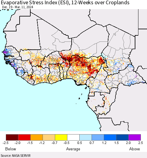 Western Africa Evaporative Stress Index (ESI), 12-Weeks over Croplands Thematic Map For 3/11/2024 - 3/17/2024