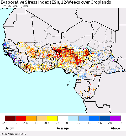 Western Africa Evaporative Stress Index (ESI), 12-Weeks over Croplands Thematic Map For 3/18/2024 - 3/24/2024
