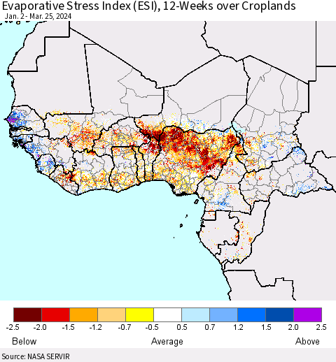 Western Africa Evaporative Stress Index (ESI), 12-Weeks over Croplands Thematic Map For 3/25/2024 - 3/31/2024
