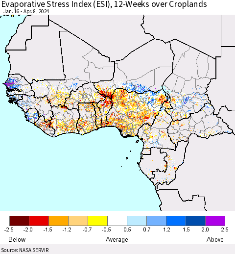 Western Africa Evaporative Stress Index (ESI), 12-Weeks over Croplands Thematic Map For 4/8/2024 - 4/14/2024