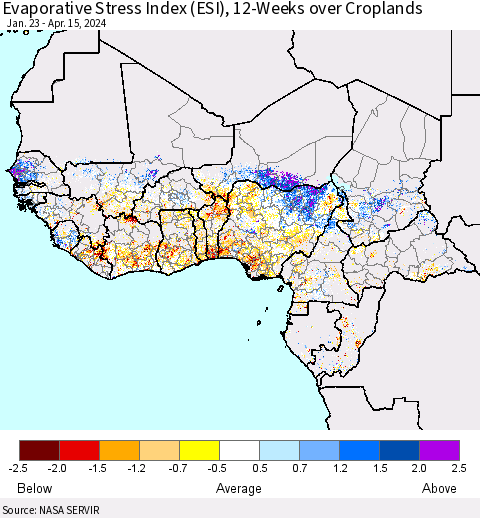 Western Africa Evaporative Stress Index (ESI), 12-Weeks over Croplands Thematic Map For 4/15/2024 - 4/21/2024