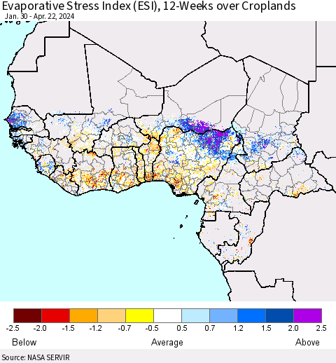 Western Africa Evaporative Stress Index (ESI), 12-Weeks over Croplands Thematic Map For 4/22/2024 - 4/28/2024