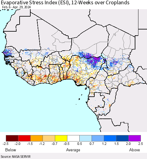 Western Africa Evaporative Stress Index (ESI), 12-Weeks over Croplands Thematic Map For 4/29/2024 - 5/5/2024