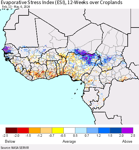 Western Africa Evaporative Stress Index (ESI), 12-Weeks over Croplands Thematic Map For 5/6/2024 - 5/12/2024