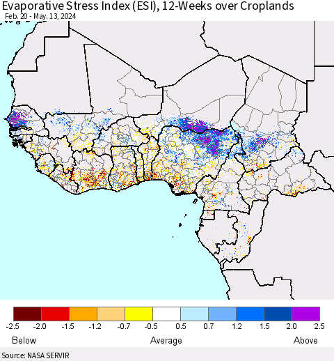 Western Africa Evaporative Stress Index (ESI), 12-Weeks over Croplands Thematic Map For 5/13/2024 - 5/19/2024