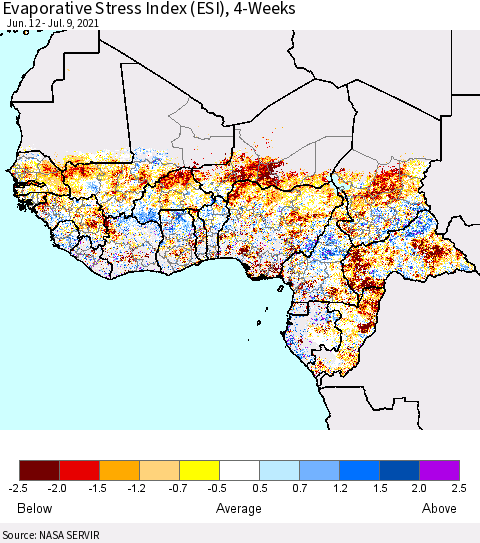 Western Africa Evaporative Stress Index (ESI), 4-Weeks Thematic Map For 7/5/2021 - 7/11/2021