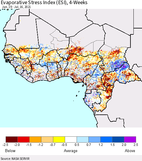 Western Africa Evaporative Stress Index (ESI), 4-Weeks Thematic Map For 7/12/2021 - 7/18/2021